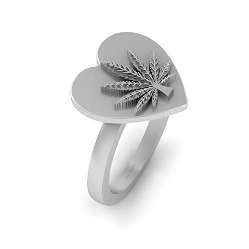 Cannabis Marijuana Leaf Heart Ring Heart Shape Marijuana Wedding Ring Solid 18k White Gold