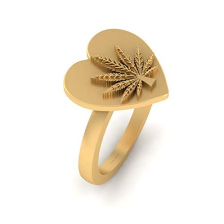 Solid 18k Yellow Gold Marijuana Engagement Ring Cannabis Leaf Ring Marijuana Heart Ring
